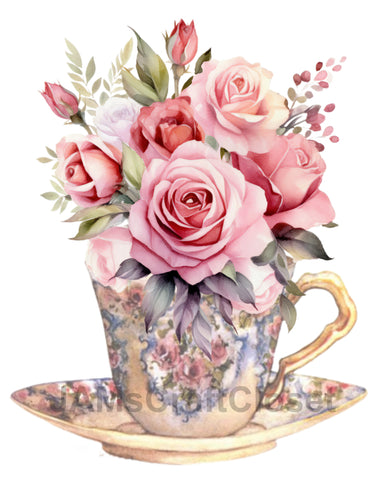 DIGITAL GRAPHIC DESIGN-Country-Vintage TEA CUP Fancy Pink Roses-Sublimation-Download-Digital Print-Clipart-PNG-SVG-JPEG-Crafters Delight-Kitchen Decor-Gift-Digital Art {{ JAMsCraftCloset }}