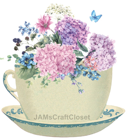 DIGITAL GRAPHIC DESIGN-Country-Vintage TEA CUP HYDRANGEA-Sublimation-Download-Digital Print-Clipart-PNG-SVG-JPEG-Crafters Delight-Kitchen Decor-Gift-Digital Art {{ JAMsCraftCloset }}