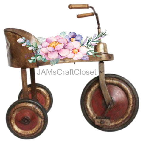 DIGITAL GRAPHIC DESIGN-Country-Floral-Vintage Tricycle 1 Pink Floral-Sublimation-Download-Digital Print-Clipart-PNG-SVG-JPEG-Crafters Delight-Digital Art {{ JAMsCraftCloset }}