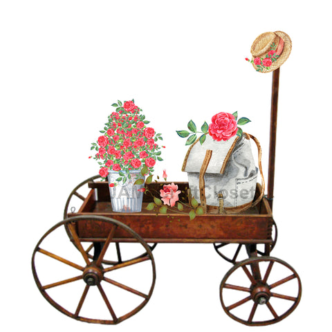 DIGITAL GRAPHIC DESIGN-Country-Floral-Vintage WAGON 1 Red Roses-Sublimation-Download-Digital Print-Clipart-PNG-SVG-JPEG-Crafters Delight-Digital Art {{ JAMsCraftCloset }}