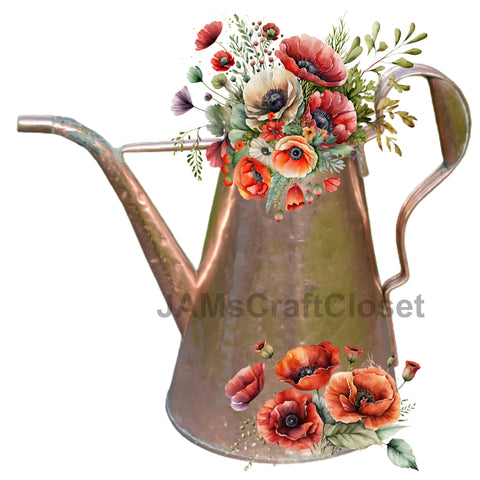 DIGITAL GRAPHIC DESIGN-Country-Vintage WATERING CAN 2 POPPIES-Sublimation-Download-Digital Print-Clipart-PNG-SVG-JPEG-Crafters Delight-Kitchen Decor-Gift-Digital Art {{ JAMsCraftCloset }}