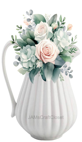 DIGITAL GRAPHIC DESIGN-Country-Vintage WHITE PITCHER Pink Roses-Sublimation-Download-Digital Print-Clipart-PNG-SVG-JPEG-Crafters Delight-Kitchen Decor-Gift-Digital Art {{ JAMsCraftCloset }}