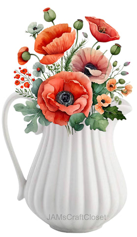 DIGITAL GRAPHIC DESIGN-Country-Vintage WHITE PITCHER Poppies-Sublimation-Download-Digital Print-Clipart-PNG-SVG-JPEG-Crafters Delight-Kitchen Decor-Gift-Digital Art {{ JAMsCraftCloset }}