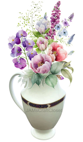 DIGITAL GRAPHIC DESIGN-Country-Vintage WHITE PITCHER Spring Flowers-Sublimation-Download-Digital Print-Clipart-PNG-SVG-JPEG-Crafters Delight-Kitchen Decor-Gift-Digital Art {{ JAMsCraftCloset }}
