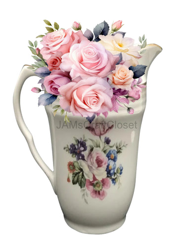 DIGITAL GRAPHIC DESIGN-Country-Vintage WHITE ROSE PITCHER Pink Roses-Sublimation-Download-Digital Print-Clipart-PNG-SVG-JPEG-Crafters Delight-Kitchen Decor-Gift-Digital Art {{ JAMsCraftCloset }}