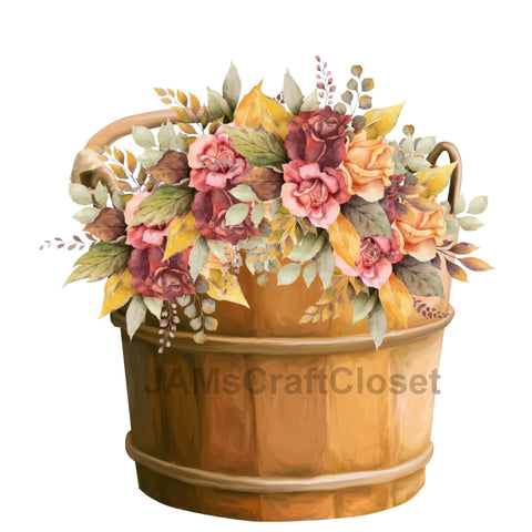 DIGITAL GRAPHIC DESIGN-Country-Floral-Vintage WOODEN BUCKET 1 Peach Rust Roses-Sublimation-Download-Digital Print-Clipart-PNG-SVG-JPEG-Crafters Delight-Digital Art {{ JAMsCraftCloset }}