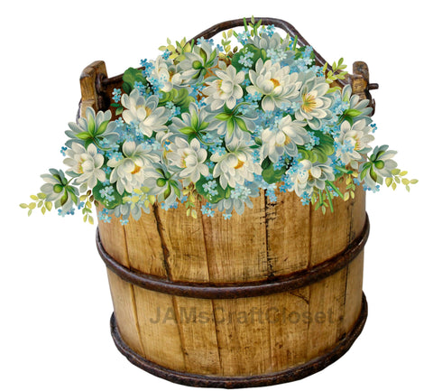 DIGITAL GRAPHIC DESIGN-Country-Floral-Vintage WOODEN BUCKET 2 Blue White Flowers-Sublimation-Download-Digital Print-Clipart-PNG-SVG-JPEG-Crafters Delight-Digital Art {{ JAMsCraftCloset }}