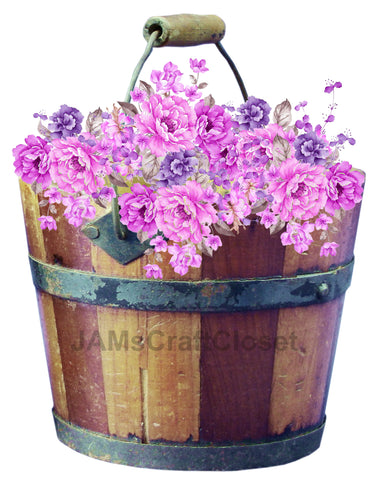 DIGITAL GRAPHIC DESIGN-Country-Floral-Vintage WOODEN BUCKET 3 Blue Purple Flowers-Sublimation-Download-Digital Print-Clipart-PNG-SVG-JPEG-Crafters Delight-Digital Art {{ JAMsCraftCloset }}