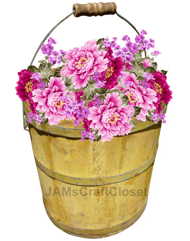 DIGITAL GRAPHIC DESIGN-Country-Floral-Vintage WOODEN BUCKET 4 Pink Maroon Carnations-Sublimation-Download-Digital Print-Clipart-PNG-SVG-JPEG-Crafters Delight-Digital Art {{ JAMsCraftCloset }}