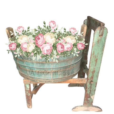 DIGITAL GRAPHIC DESIGN-Country-Floral-Vintage Washtub 1 Pink White Roses-Sublimation-Download-Digital Print-Clipart-PNG-SVG-JPEG-Crafters Delight-Digital Art {{ JAMsCraftCloset }}