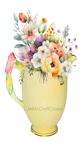 DIGITAL GRAPHIC DESIGN-Country-Vintage YELLOW PITCHER Spring Flowers-Sublimation-Download-Digital Print-Clipart-PNG-SVG-JPEG-Crafters Delight-Kitchen Decor-Gift-Digital Art {{ JAMsCraftCloset }}