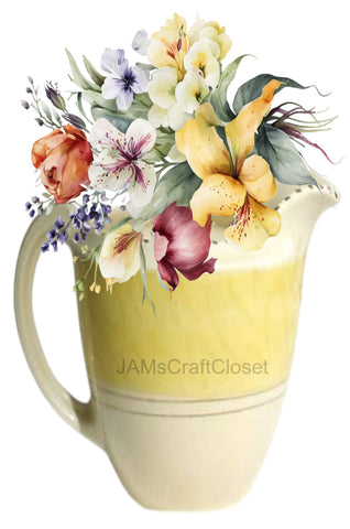 DIGITAL GRAPHIC DESIGN-Country-Vintage YELLOW and WHITE PITCHER Spring Flowers-Sublimation-Download-Digital Print-Clipart-PNG-SVG-JPEG-Crafters Delight-Kitchen Decor-Gift-Digital Art {{ JAMsCraftCloset }}