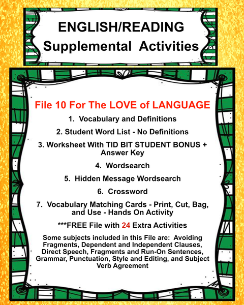 English Teacher Resource 10 FOR THE LOVE OF LANGUAGE Supplemental Vocabulary Activities-Avoiding Fragments-Clauses-Direct Speech-Fragments-Grammar-Punctuation-Style and Editing-Subject Verb Agreement-FREE Activities Included {{ JAMsCraftCloset }}
