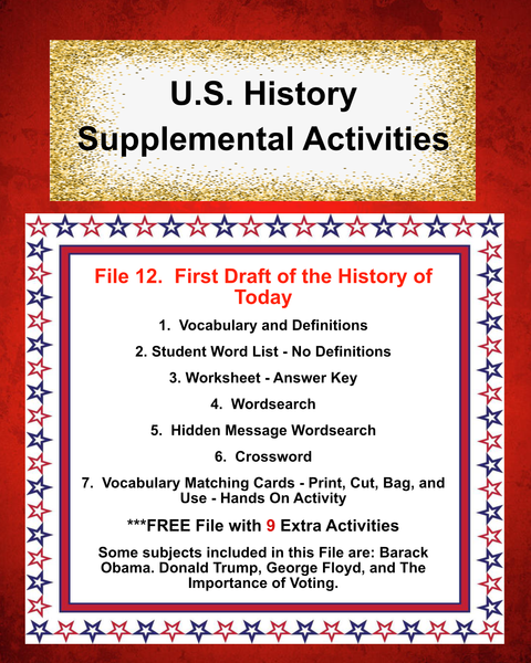 US History 12 FIRST DRAFT OF THE HISTORY OF TODAY Teacher Resource Supplemental Vocabulary Activities-Barrack Obama-Donald Trump-George Floyd-Importance of Voting-FREE Activities Included {{ JAMsCraftCloset }}