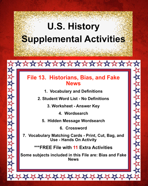 US History 13 HISTORIANS-BIAS-FAKE NEWS Teacher Resource Supplemental Vocabulary Activities-Bias and Fake News-Importance of Voting-FREE Activities Included {{ JAMsCraftCloset }}