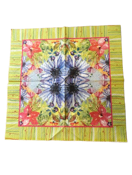 NAPKIN 17 LIME GREEN WITH BLUE RED FLORAL Decoupage Craft Supplies Paper Crafts Card Making Journaling Mixed Medium Crafters Delight - JAMsCraftCloset