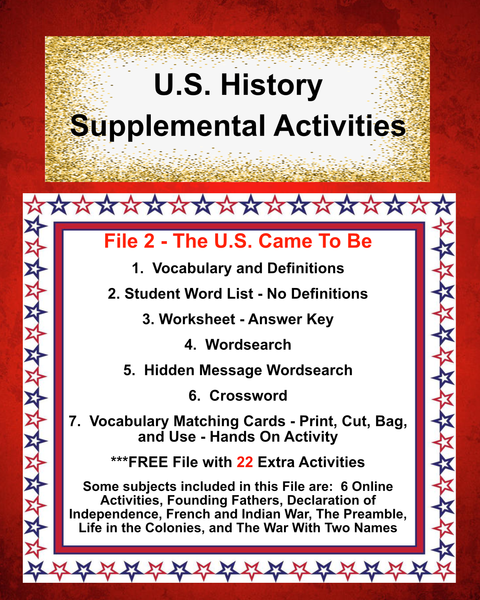 US History 2 THE US CAME TO BE Teacher Resource Supplemental Vocabulary Activities Founding Fathers-Declaration of Independence-French and Indian War-Life in the Colonies-FREE Activities Included {{ JAMsCraftCloset }}