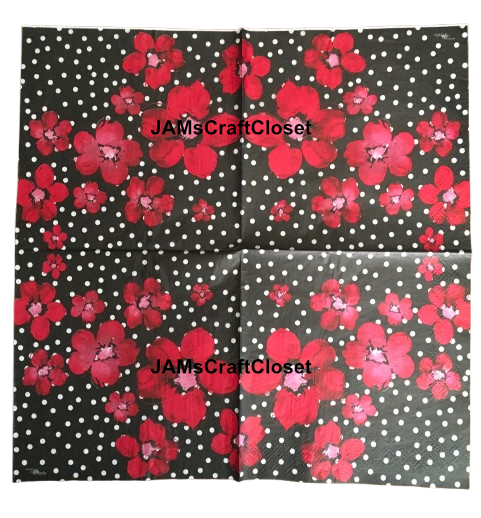 NAPKIN 32 BLACK AND WHITE POLKA DOT RED FLORAL Decoupage Craft Supplies Paper Crafts Card Making Journaling Mixed Medium Crafters Delight - JAMsCraftCloset