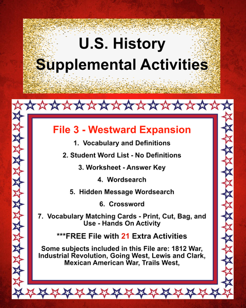 US History 3 WESTWARD EXPANSION Teacher Resource Supplemental Vocabulary Activities 1812 War-Industrial Revolution-Going West-Lewis and Clark-Mexican American War-FREE Activities Included {{ JAMsCraftCloset }}
