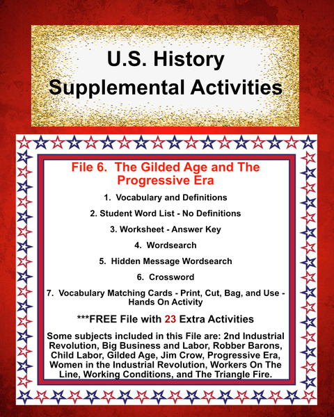 US History 6 THE GILDED AGE AND THE PROGRESSIVE ERA Teacher Resource Supplemental Vocabulary Activities Industrial Revolution-Big Business-Gilded Age-Jim Crow-Progressive Era-Child Labor --FREE Activities Included {{ JAMsCraftCloset }}