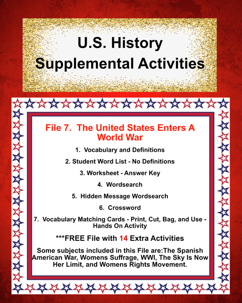 US History 7 THE UNITED STATES ENTERS A WAR Teacher Resource Supplemental Vocabulary Activities-The Spanish American War-Womens Suffrage-WWI-Womens Rights Movement --FREE Activities Included {{ JAMsCraftCloset }}