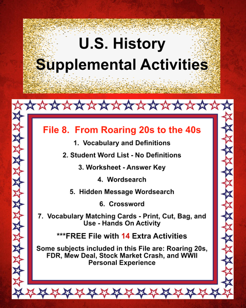 US History 8 FROM ROARING 20s to 40s Teacher Resource Supplemental Vocabulary Activities-Roaring 20s-New Deal-Stock Market Crash- WWII- --FREE Activities Included {{ JAMsCraftCloset }}