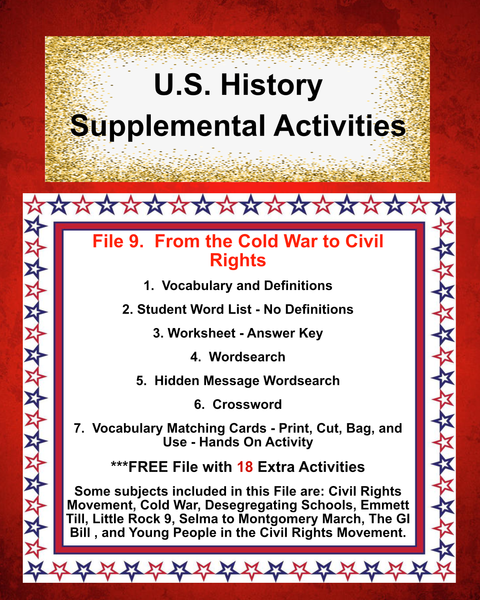 US History 9 FROM THE COLD WAR TO CIVIL RIGHTS Teacher Resource Supplemental Vocabulary Activities-Civil Rights Movement-Cold War-Desegregating Schools-Emmet Till-Little Rock 9-GI Bill-FREE Activities Included {{ JAMsCraftCloset }}