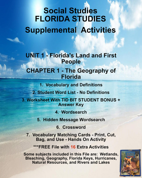 FLORIDA STUDIES Social Studies Houghton Mifflin UNIT 1 CHAPTER 2 The First Floridians Teacher Resource Supplemental Vocabulary Activities - Apalachee-Archeology-Everglades-Calusa-Excavation-Seagrass-Tequesta-Tocobaga-FREE Activities Included {{ JAMsCraftCloset }}