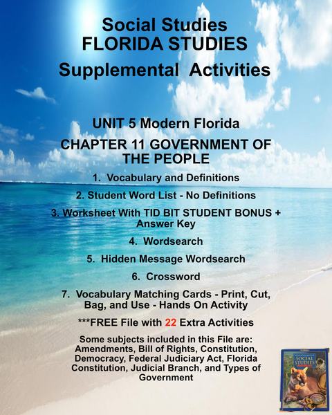 FLORIDA STUDIES Social Studies Houghton Mifflin UNIT 5 CHAPTER 11 Government of the People-Teacher Resource Supplemental Vocabulary Activities-Amendments-Bill of Rights-Constitution-Democracy-Florida Constitution-FREE Activities Included {{ JAMsCraftCloset }}