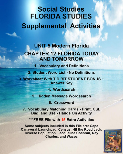 FLORIDA STUDIES Social Studies Houghton Mifflin UNIT 5 Chapter 12 Florida Today and Tomorrow-Teacher Resource Supplemental Vocabulary Activities-Cape Canaveral Launchpad-Census-Jacqueline Cochran-Ray Charles-Wasps-FREE Activities Included {{ JAMsCraftCloset }}