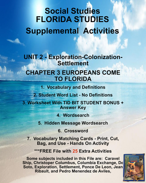 FLORIDA STUDIES Social Studies Houghton Mifflin UNIT 2 CHAPTER 3 Europeans Come to Florida Teacher Resource Supplemental Vocabulary Activities - Caravel-Columbus-Columbia Exchange-De Soto-Exploration-De Leon-Ribault-Aviles-FREE Activities Included {{ JAMsCraftCloset }}