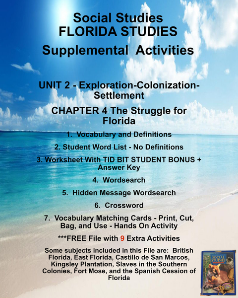 FLORIDA STUDIES Social Studies Houghton Mifflin UNIT 2 CHAPTER 4 The Struggle for Florida Teacher Resource Supplemental Vocabulary Activities - British Florida-Kingsley Plantation-Slaves Southern Colonies-Fort Mose-Spanish Cession-FREE Activities Included {{ JAMsCraftCloset }}