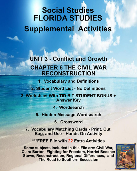 FLORIDA STUDIES Social Studies Houghton Mifflin UNIT 3 CHAPTER 6 The Civil War and Reconstruction-Teacher Resource Supplemental Vocabulary Activities-Civil War-Clara Barton,-Harriet Beecher Stowe-Reconstruction-Secession-FREE Activities Included {{ JAMsCraftCloset }}