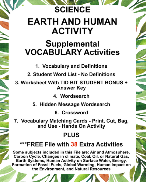 Science EARTH AND HUMAN ACTIVITY Teacher Resource Supplemental Vocabulary Activities-Air and Atmosphere-Carbon Cycle-Climate-Earth Systems-Energy-Fossil Fuels-Global Warming-Environment-Natural Resources-FREE Activities Included {{ JAMsCraftCloset }}