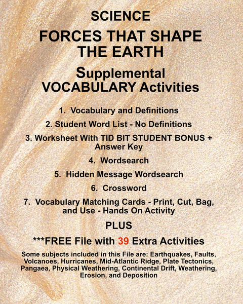 Science FORCES THAT SHAPE THE EARTH Teacher Resource Supplemental Vocabulary Activities-Earthquakes-Faults-Volcanoes-Hurricanes-Mid-Atlantic Ridge-Plate Tectonics-Pangaea-Physical Weathering-Continental Drift-FREE Activities Included {{ JAMsCraftCloset }}
