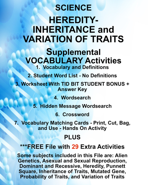 Science HEREDITY-INHERITANCE-VARIATION OF TRAITS Teacher Resource Supplemental Vocabulary Activities-Alien Genetics-Asexual-Sexual Reproduction-Heredity-Punnett Square-Genes-Traits-FREE Activities Included {{ JAMsCraftCloset }}