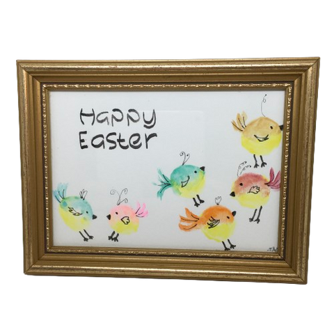 Pen and Ink Watercolor Framed Wall Art HAPPY EASTER Whimsical Chicks Home Decor Gift Idea Handmade {{ JAMsCraftCloset }}