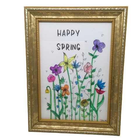 Pen and Ink Watercolor Framed Wall Art HAPPY SPRING Flower Garden Home Decor Gift Idea Handmade {{ JAMsCraftCloset }}
