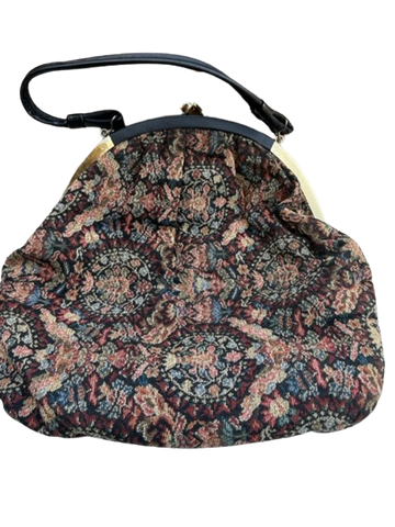 Purse Black Floral Tapestry Fabric  Hobo Type/Style Vintage (1960s to 1970s) With Shoulder Strap - JAMsCraftCloset