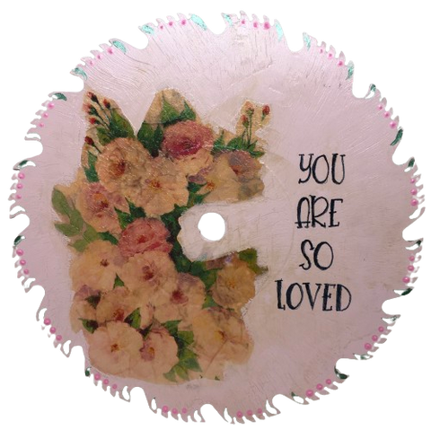 Vintage SAW BLADE Round Circular Upcycled Handmade Hand Painted Wall Art YOU ARE SO LOVED Home Decor Saw Wall Hanging Sawblade Art Metal Art Blade Art Circular Saw Art Crafters Delight Unique Gift POSITIVE SAYING Decor {{ JAMsCraftCloset }}