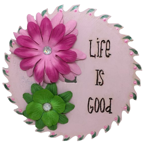 Vintage SAW BLADE Round Circular Upcycled Handmade Hand Painted Wall Art LIFE IS GOOD Home Decor Saw Wall Hanging Sawblade Art Metal Art Blade Art Circular Saw Art Crafters Delight Unique Gift POSITIVE SAYING Decor {{ JAMsCraftCloset }}