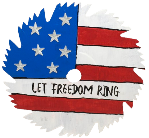 Vintage SAW BLADE Round Circular Upcycled Handmade Hand Painted Wall Art LET FREEDOM RING Home Decor Saw Wall Hanging Sawblade Art Metal Art Blade Art Circular Saw Art Crafters Delight Unique Gift PATRIOTIC Decor Red White Blue {{ JAMsCraftCloset }}