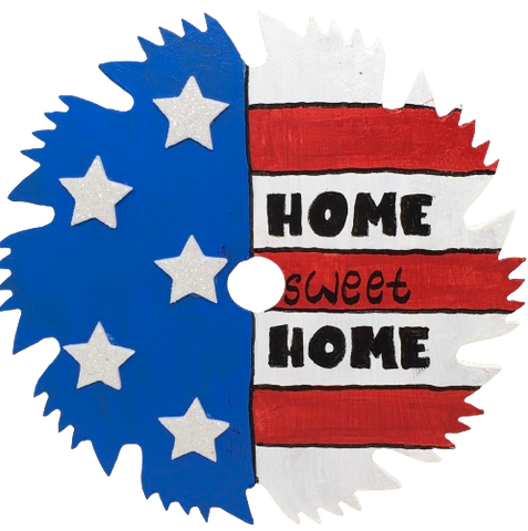 Vintage SAW BLADE Round Circular Upcycled Handmade Hand Painted Wall Art HOME SWEET HOME Home Decor Saw Wall Hanging Sawblade Art Metal Art Blade Art Circular Saw Art Crafters Delight Unique Gift PATRIOTIC Decor Red White Blue {{ JAMsCraftCloset }}
