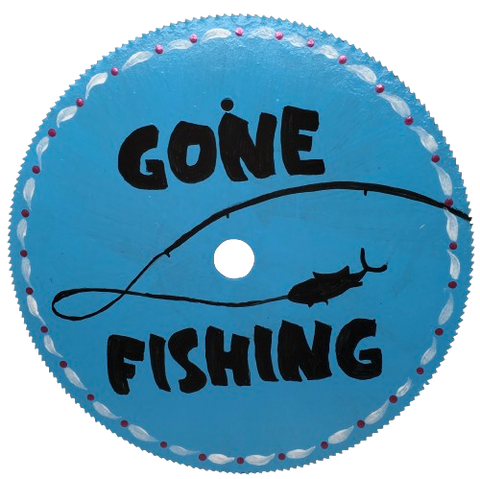 Vintage SAW BLADE Round Circular Upcycled Handmade Hand Painted Wall Art GONE FISHING Home Decor Saw Wall Hanging Sawblade Art Metal Art Blade Art Circular Saw Art Crafters Delight Unique Gift Workshop Decor {{ JAMsCraftCloset }}