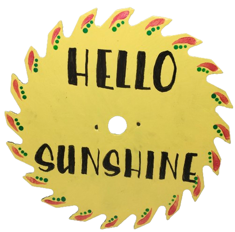 Vintage SAW BLADE Round Circular Upcycled Handmade Hand Painted Wall Art HELLO SUNSHINE Home Decor Saw Wall Hanging Sawblade Art Metal Art Blade Art Circular Saw Art Crafters Delight Unique Gift House Decor Camper Decor {{ JAMsCraftCloset }}