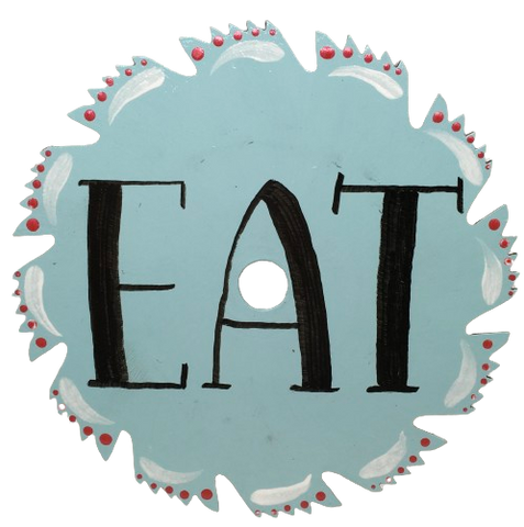 Vintage SAW BLADE Round Circular Upcycled Handmade Hand Painted Wall Art EAT Home Decor Saw Wall Hanging Sawblade Art Metal Art Blade Art Circular Saw Art Crafters Delight Unique Gift Kitchen Decor {{ JAMsCraftCloset }}