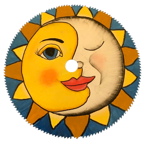 Vintage SAW BLADE Round Circular Upcycled Handmade Hand Painted Wall Art CELESTIAL SUN AND MOON Home Decor Saw Wall Hanging Sawblade Art Metal Art Blade Art Circular Saw Art Crafters Delight Unique Gift House Decor Camper Decor {{ JAMsCraftCloset }}