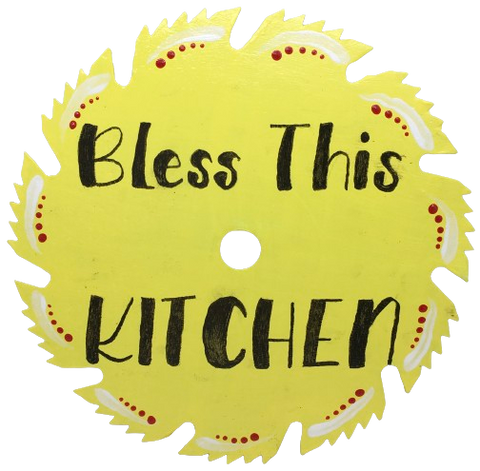 Vintage SAW BLADE Round Circular Upcycled Handmade Hand Painted Wall Art BLESS THIS KITCHEN Home Decor Saw Wall Hanging Sawblade Art Metal Art Blade Art Circular Saw Art Crafters Delight Unique Chef Gift Kitchen Decor {{ JAMsCraftCloset }}