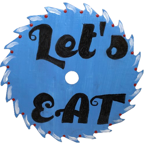 Vintage SAW BLADE Round Circular Upcycled Handmade Hand Painted Wall Art LET'S EAT Home Decor Saw Wall Hanging Sawblade Art Metal Art Blade Art Circular Saw Art Crafters Delight Unique Chef Gift Kitchen Decor {{ JAMsCraftCloset }}