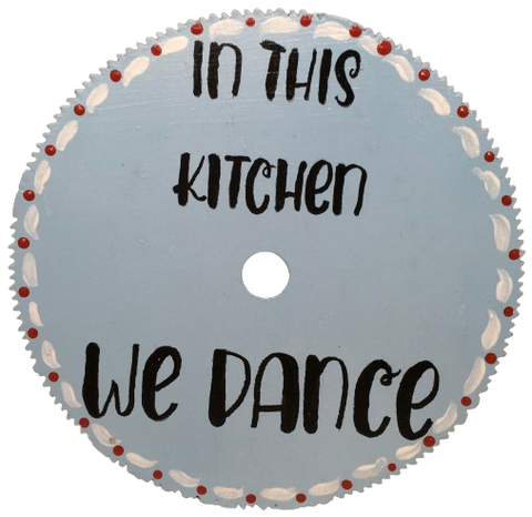 Vintage SAW BLADE Round Circular Upcycled Handmade Hand Painted Wall Art IN THIS KITCHEN WE DANCE Home Decor Saw Wall Hanging Sawblade Art Metal Art Blade Art Circular Saw Art Crafters Delight Unique Chef Gift Kitchen Decor {{ JAMsCraftCloset }}